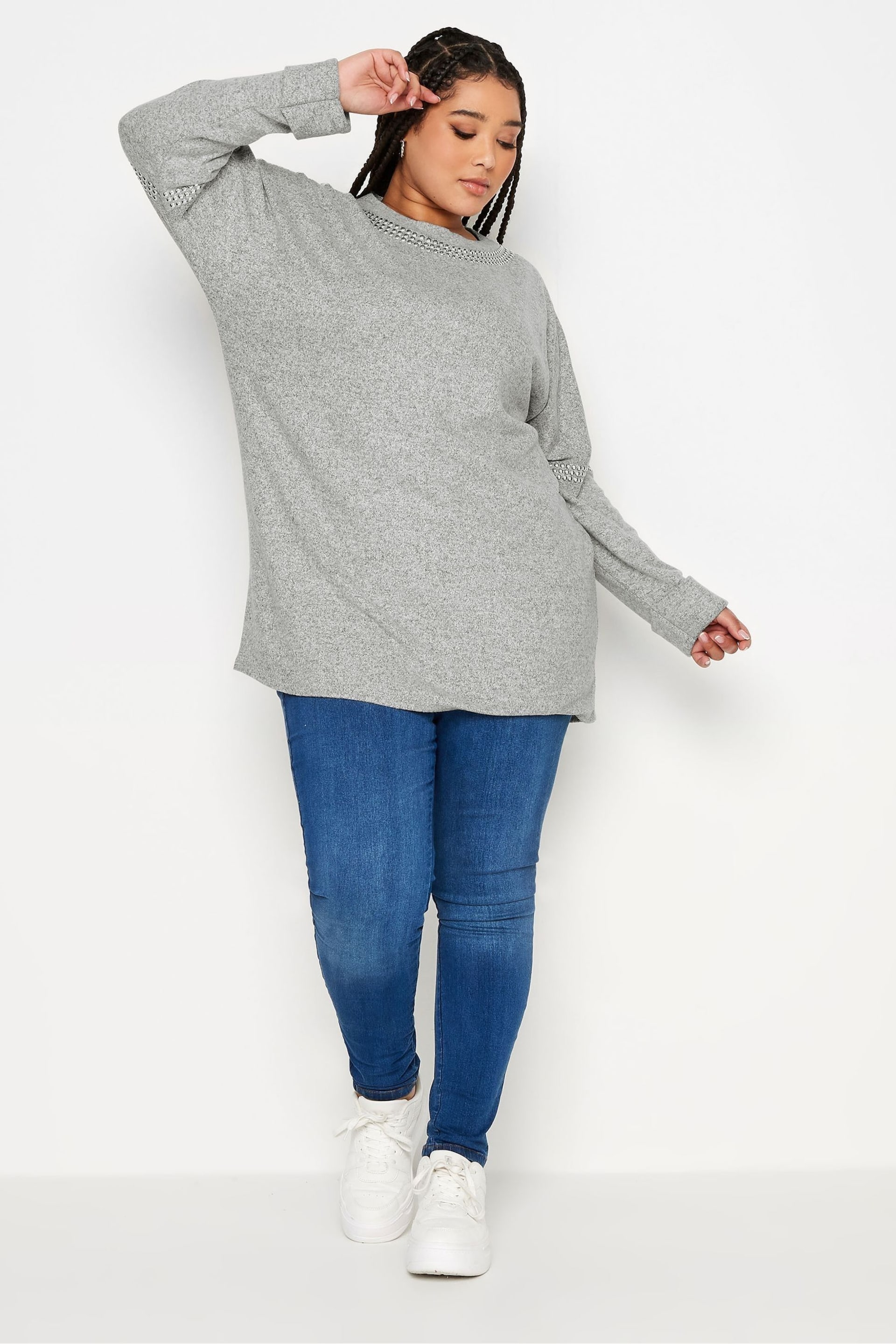 Yours Curve Grey Studded Batwing Jumper - Image 3 of 4