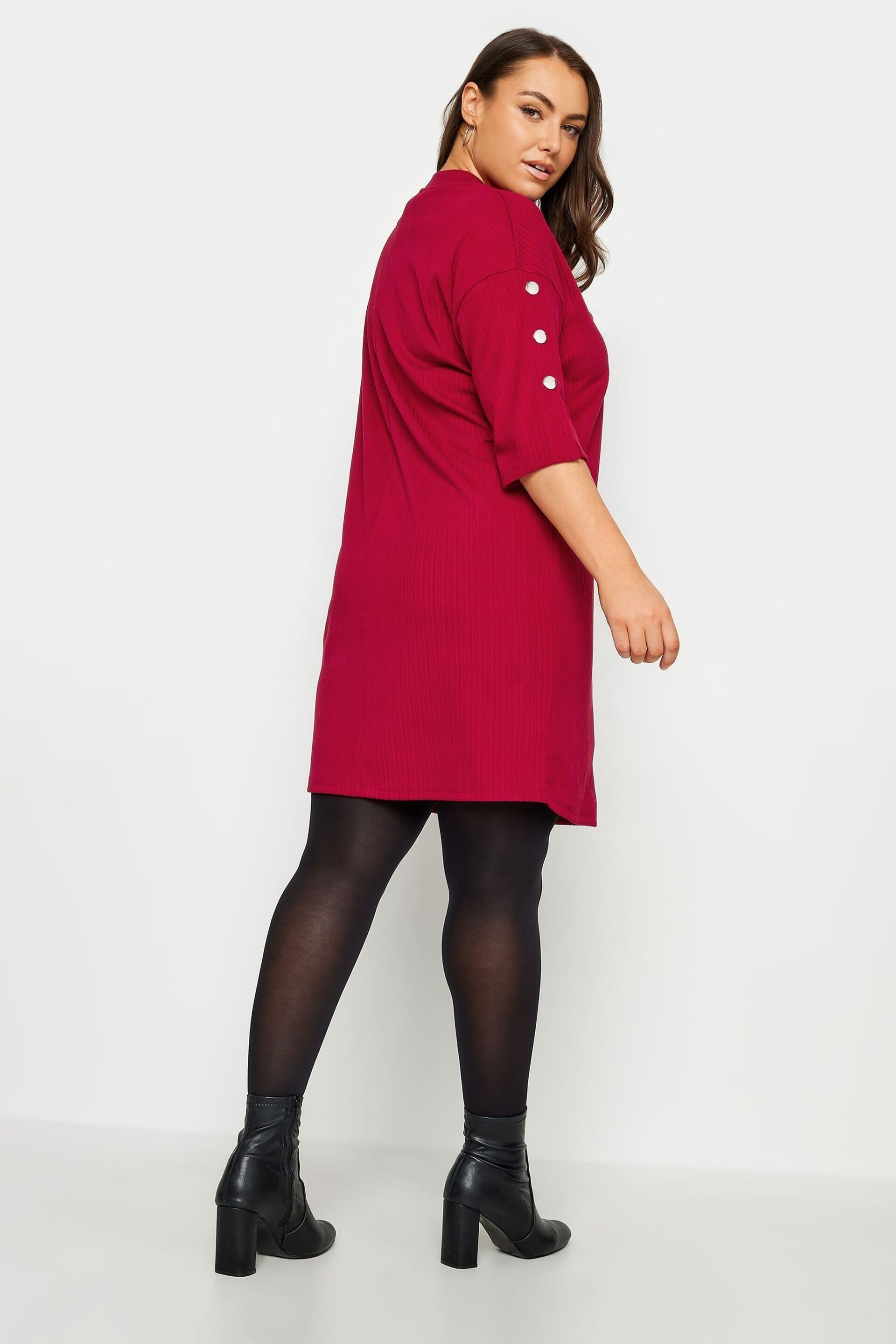 Yours Curve Red Long Sleeve Button Soft Touch Dress - Image 3 of 4