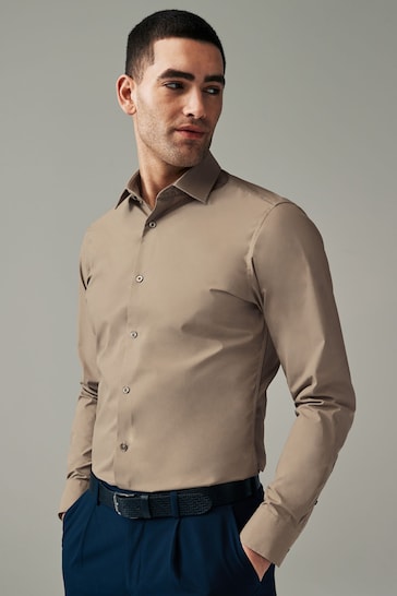 Neutral Brown Slim Fit Easy Care Single Cuff Shirt