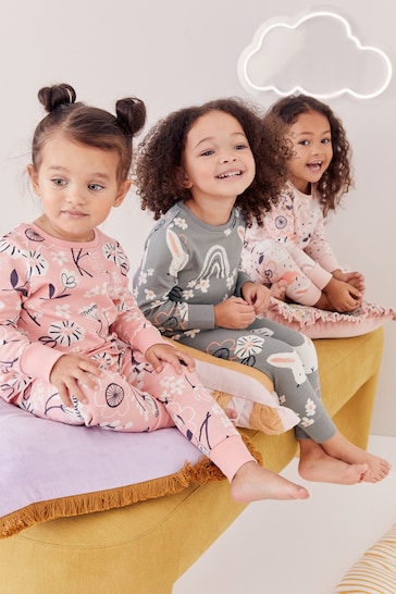Pink/Grey Bunny 3 Pack Printed Long Sleeve Pyjamas (9mths-10yrs)