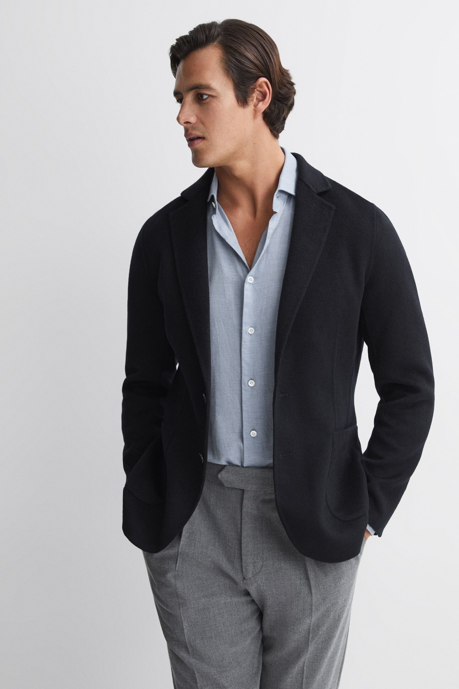 Reiss Navy Flutter Slim Fit Wool Blend Single Breasted Blazer - Image 1 of 7