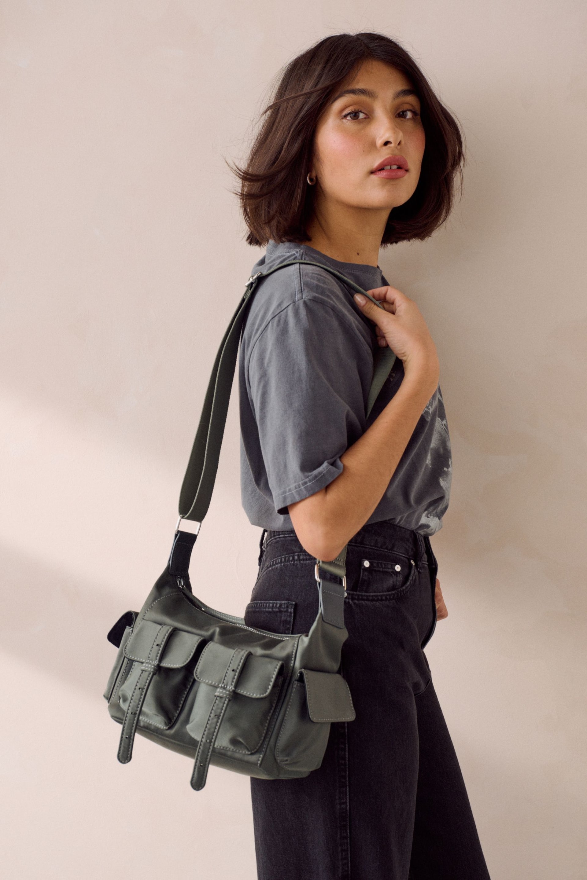 Grey Satin Utility Pocket Cross-Body Bag - Image 1 of 7