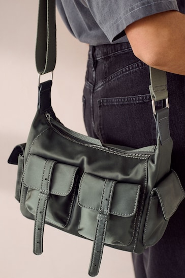 Grey Satin Utility Pocket Cross-Body Bag
