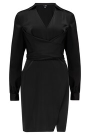 Pour Moi Black Mini Fuller Bust Maisie Satin Wrap Front Collar Dress - Image 4 of 5