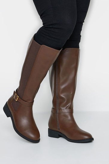 Yours Curve Brown Extra-Wide Fit Metal Strap Knee Boots
