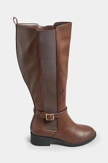 Yours Curve Brown Extra-Wide Fit Metal Strap Knee Boots