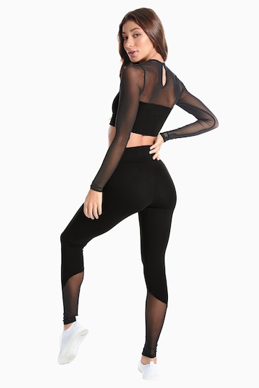 Black Mesh Panelled Sheer Leggings, Two Piece Sets