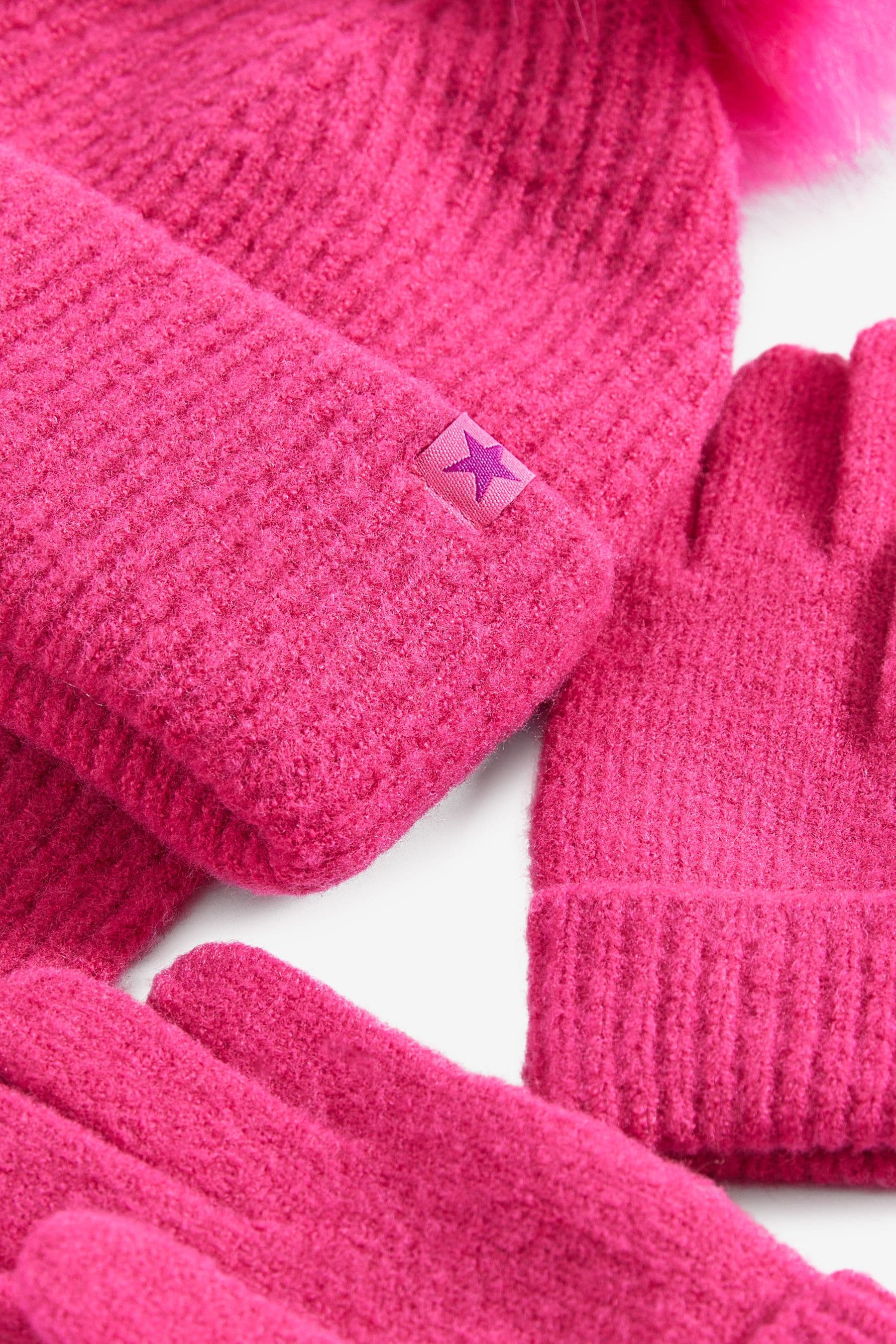 Bright Pink Soft Ribbed Hat Gloves And Scarf Set 3 16yrs