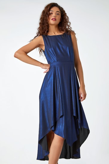 Roman Blue Shimmer Hanky Hem Midi Dress