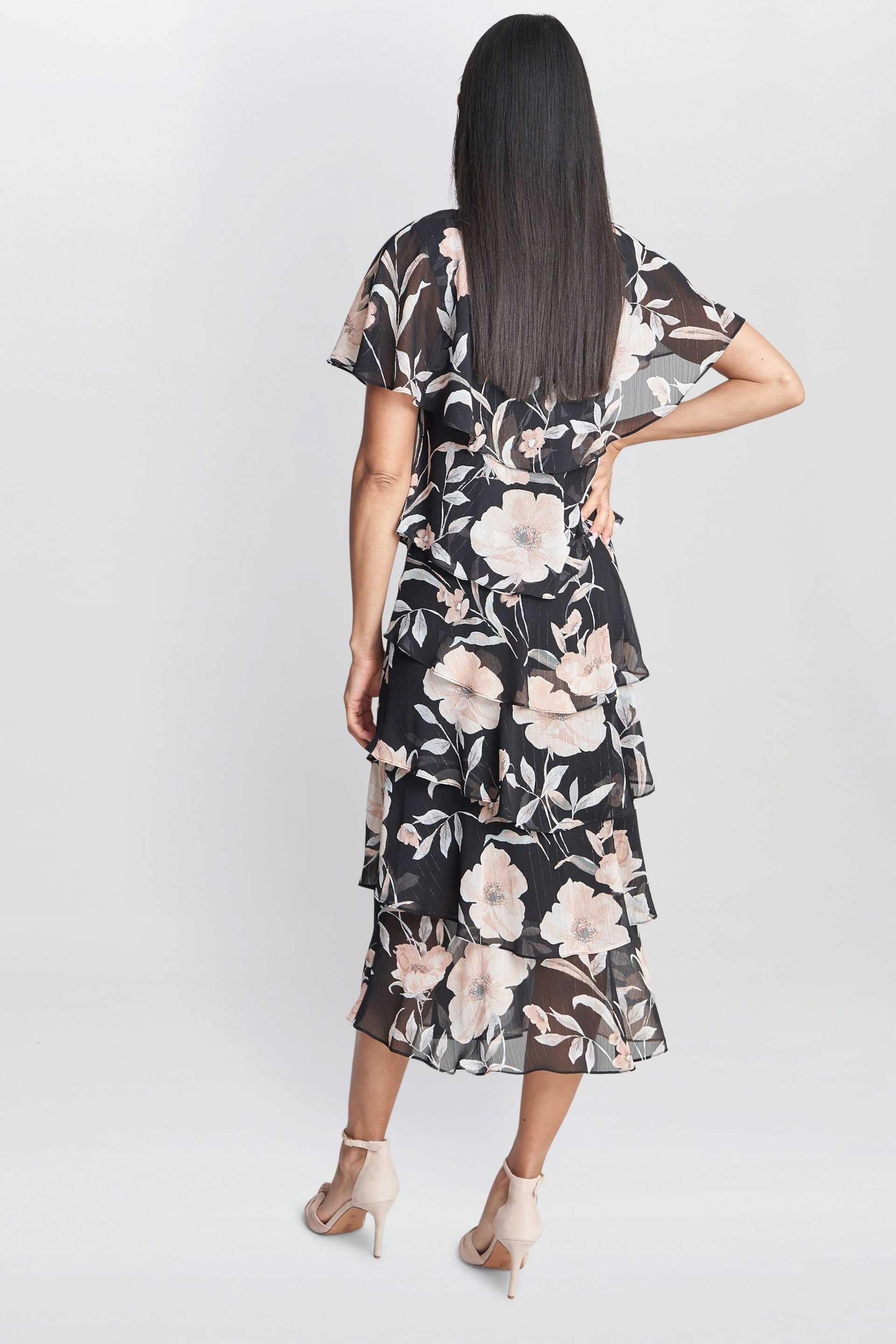 Gina Bacconi Frances Printed Midi Tiered Black Dress With Trim - Image 3 of 7