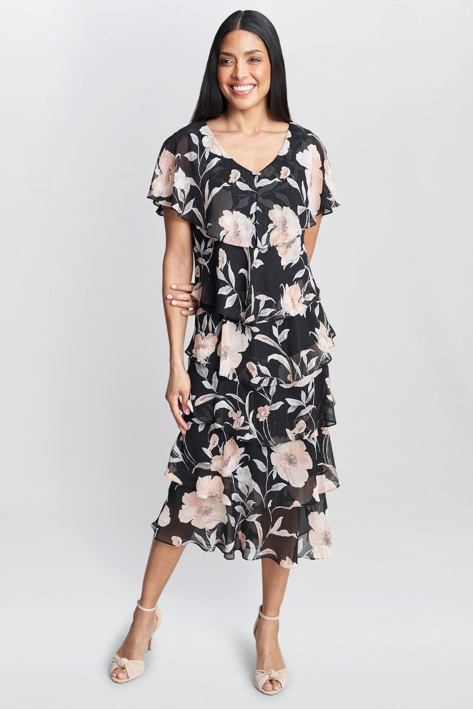 Gina Bacconi Frances Printed Midi Tiered Black Dress With Trim - Image 4 of 7