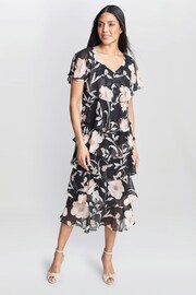 Gina Bacconi Frances Printed Midi Tiered Black Dress With Trim - Image 6 of 7