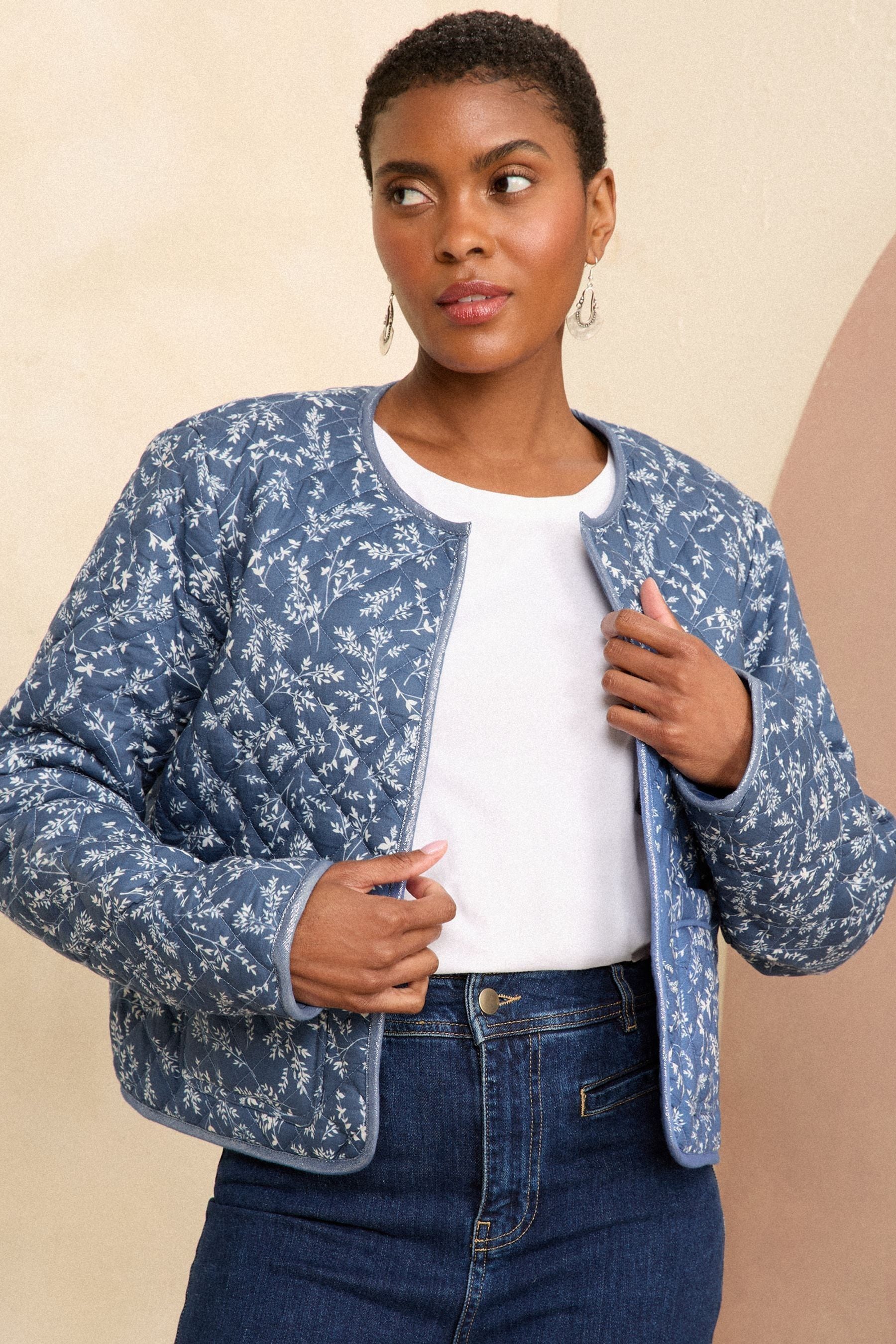 Love Roses Blue Jersey Quilted Floral Printed Jacket