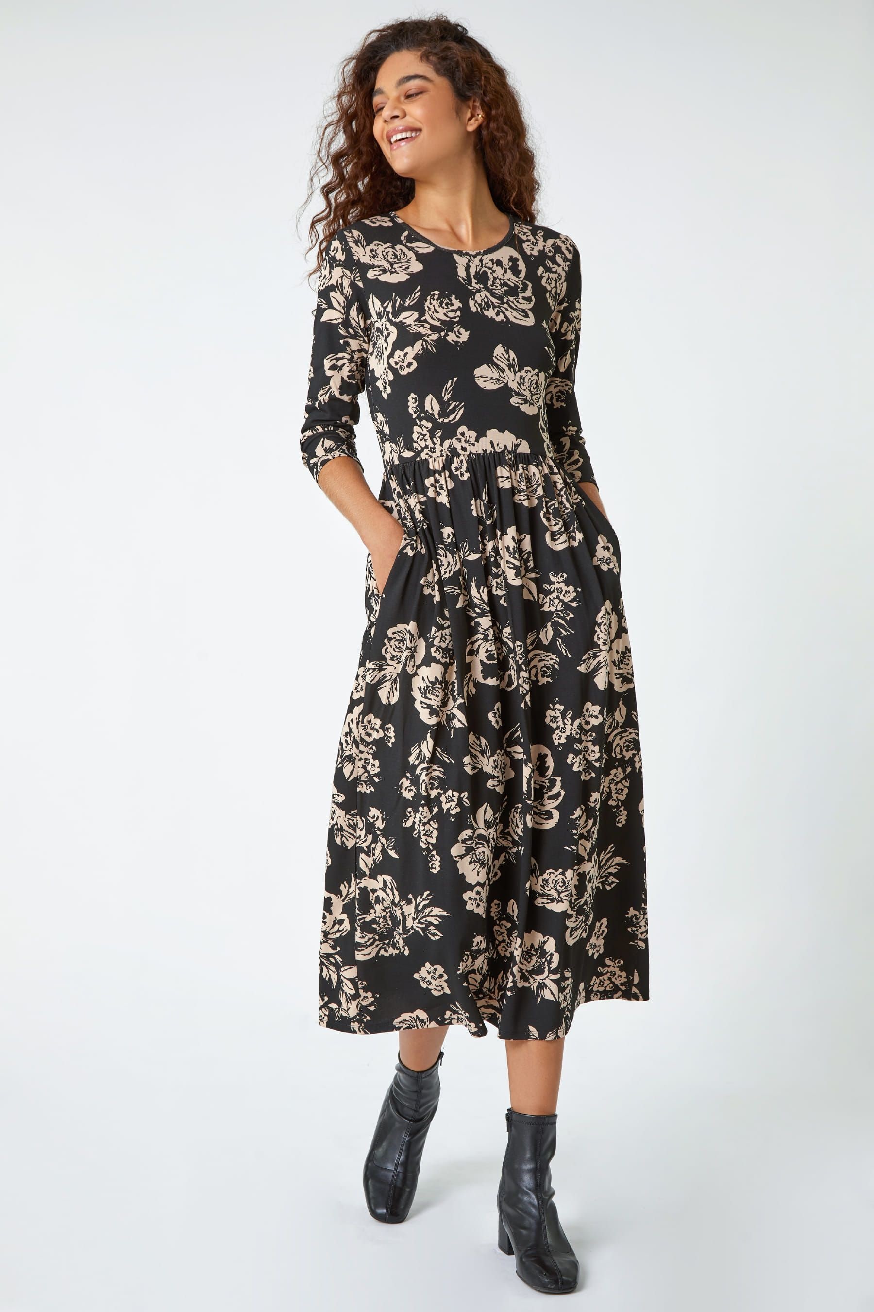 Buy Roman Black Floral Pocket Stretch Midi Dress from the Next UK online shop