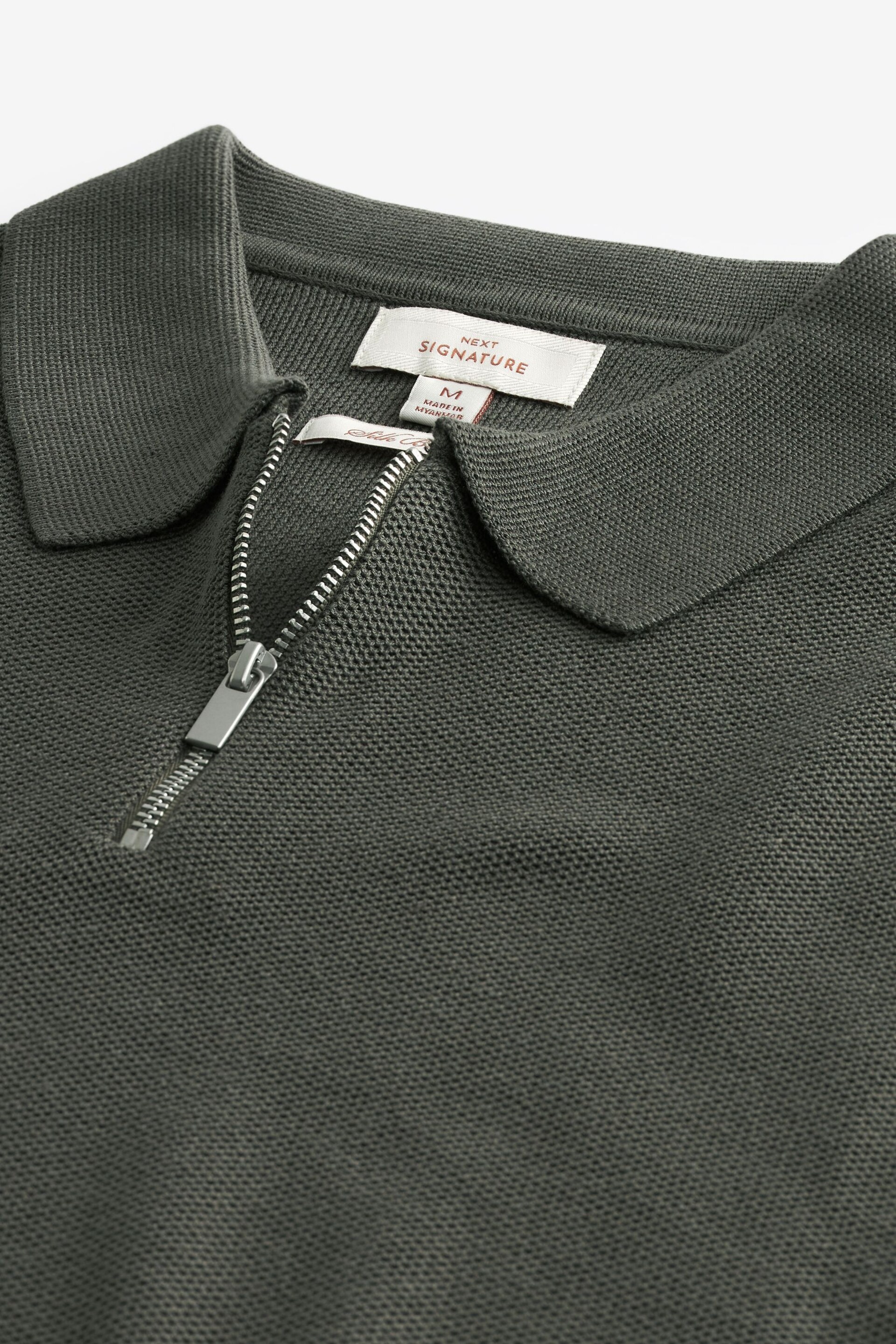 Khaki Green Signature Regular Silk Blend Zip Polo Shirt - Image 6 of 8