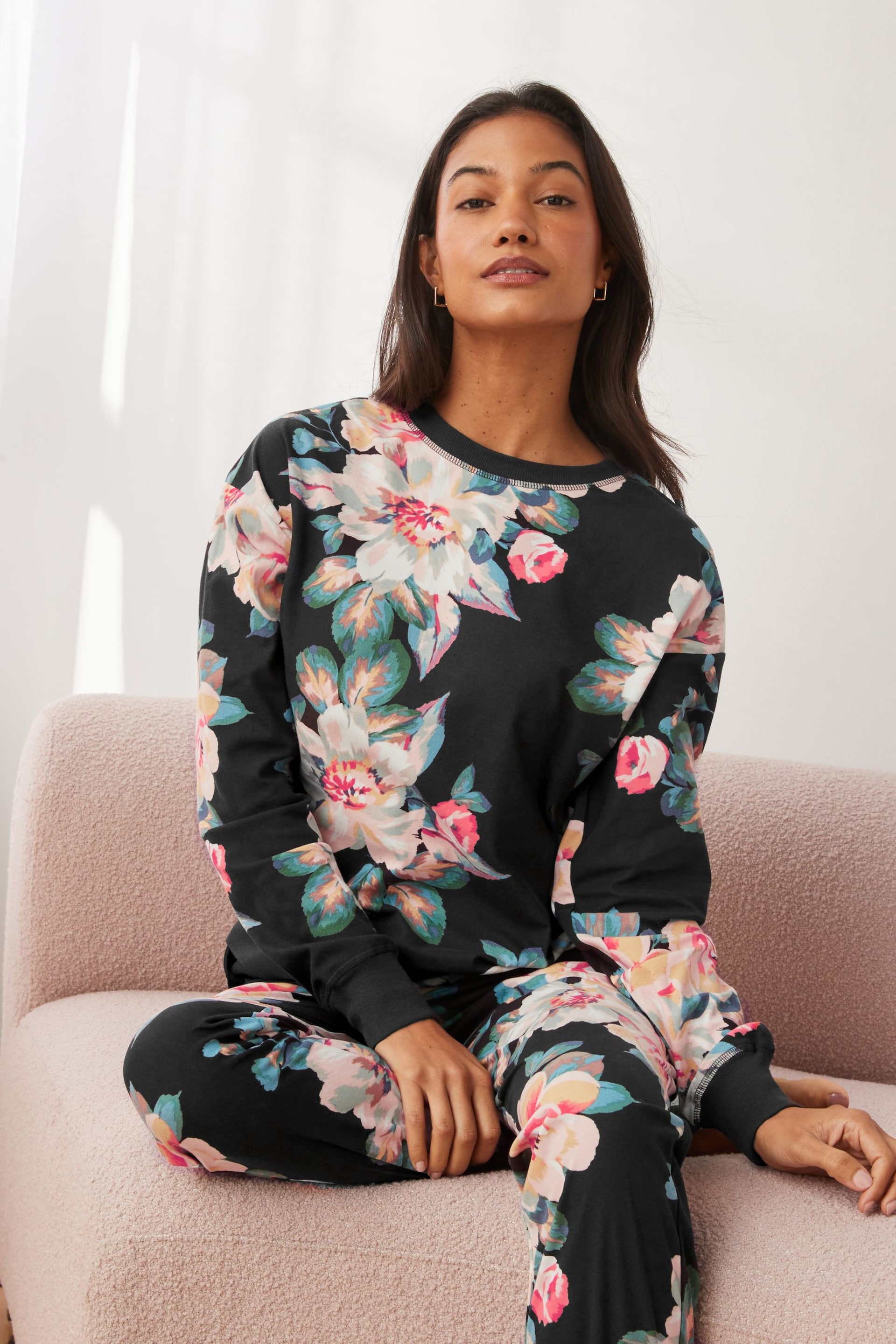 Black Floral Supersoft Cosy Pyjamas - Image 1 of 8