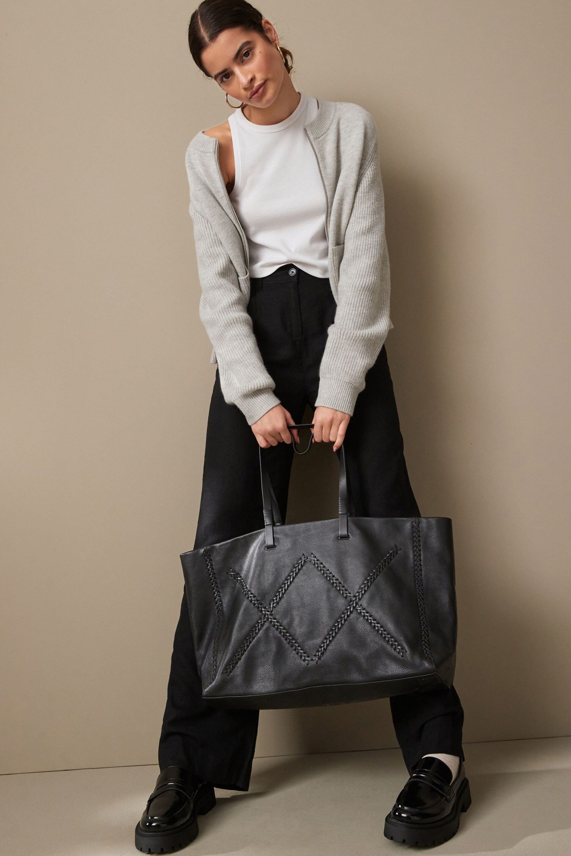 Black Oversized Leather Shopper Bag - Image 2 of 12