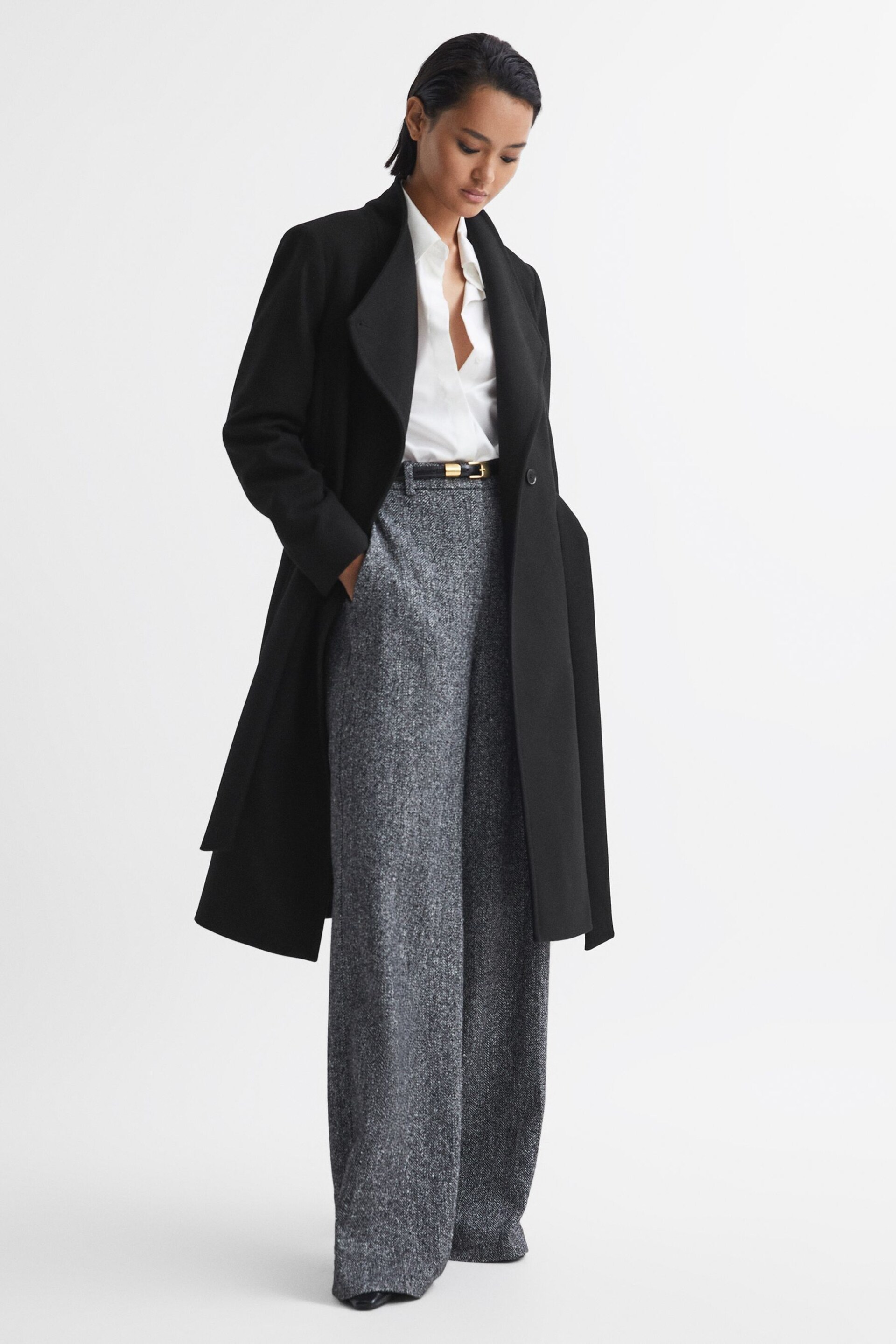 Reiss Black Freja Tailored Wool Blend Longline Coat - Image 1 of 6