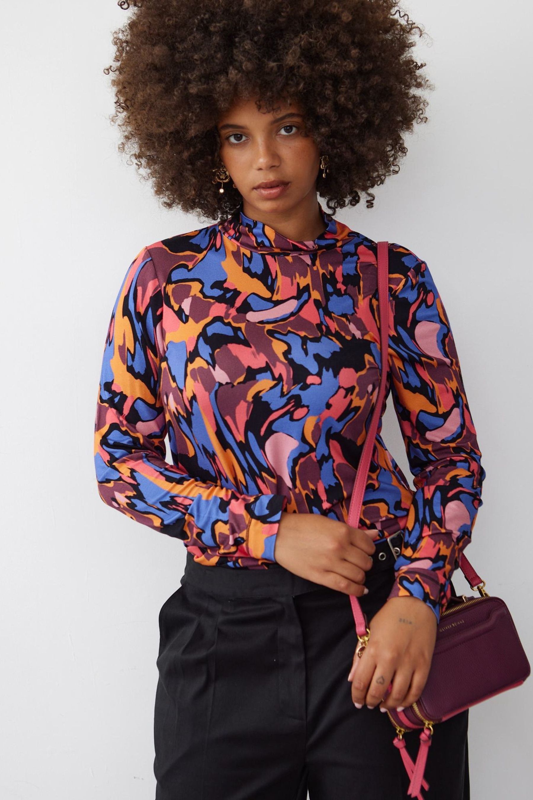 Oliver Bonas Purple Marble Print High Neck Jersey Top