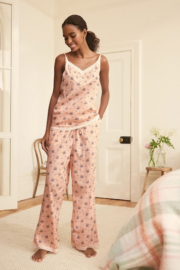 Laura Ashley Orange Wilmcote Print Textured Cotton Lace Insert Cami and Trousers Pyjamas