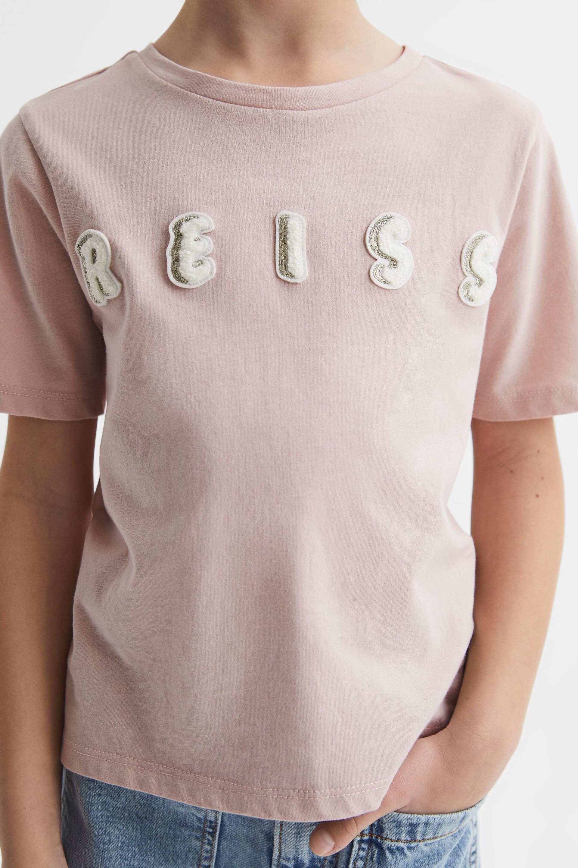 Reiss Pale Pink Bobbi Senior Motif Crew Neck T-Shirt - Image 4 of 6