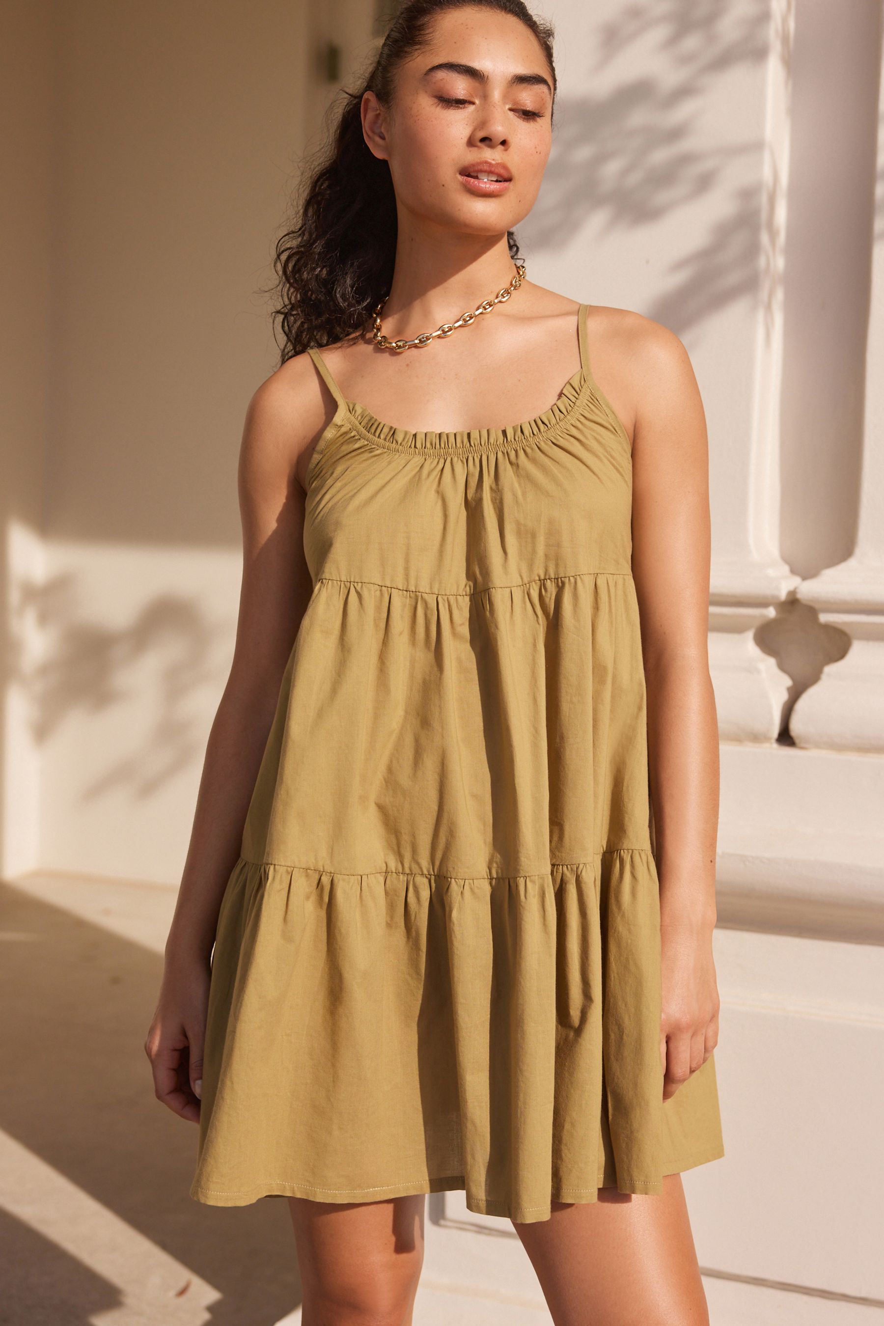 Buy Khaki Green Mini Tiered Summer Cotton Dress from Next Luxembourg