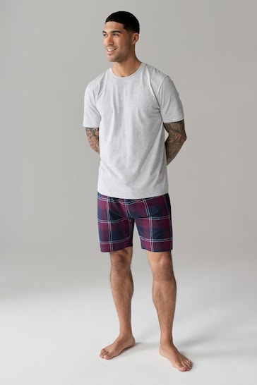 Grey/Plum Check Cotton Pyjamas Shorts Set