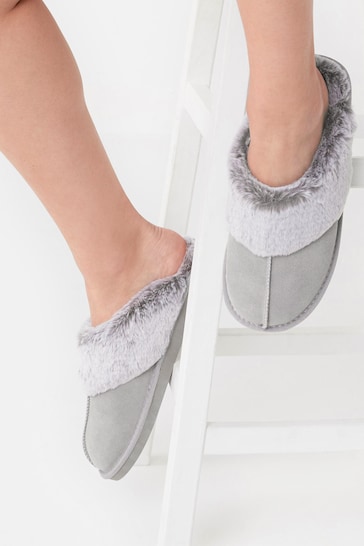 Pale Grey Suede Faux Fur Lined Mule Slippers