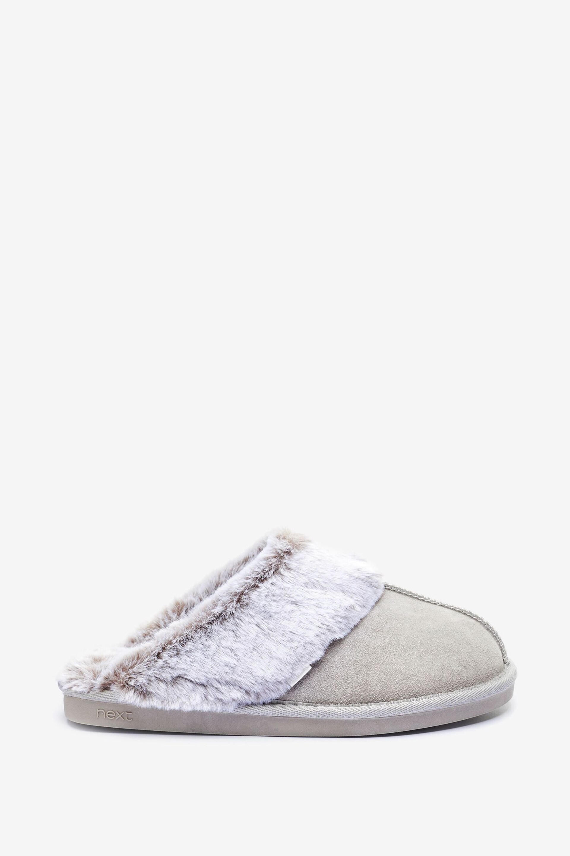 Pale Grey Suede Faux Fur Lined Mule Slippers - Image 2 of 5