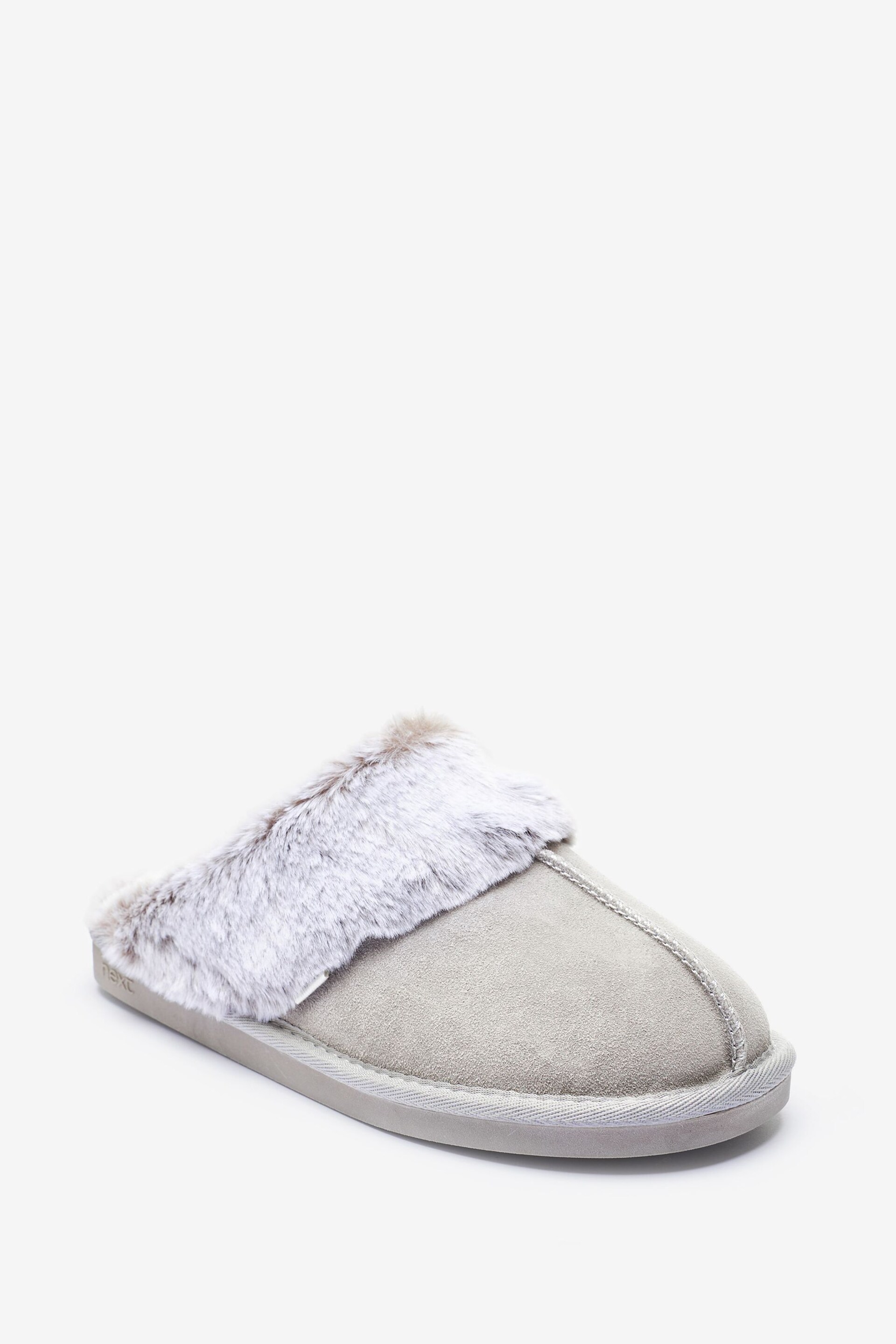 Pale Grey Suede Faux Fur Lined Mule Slippers - Image 3 of 5