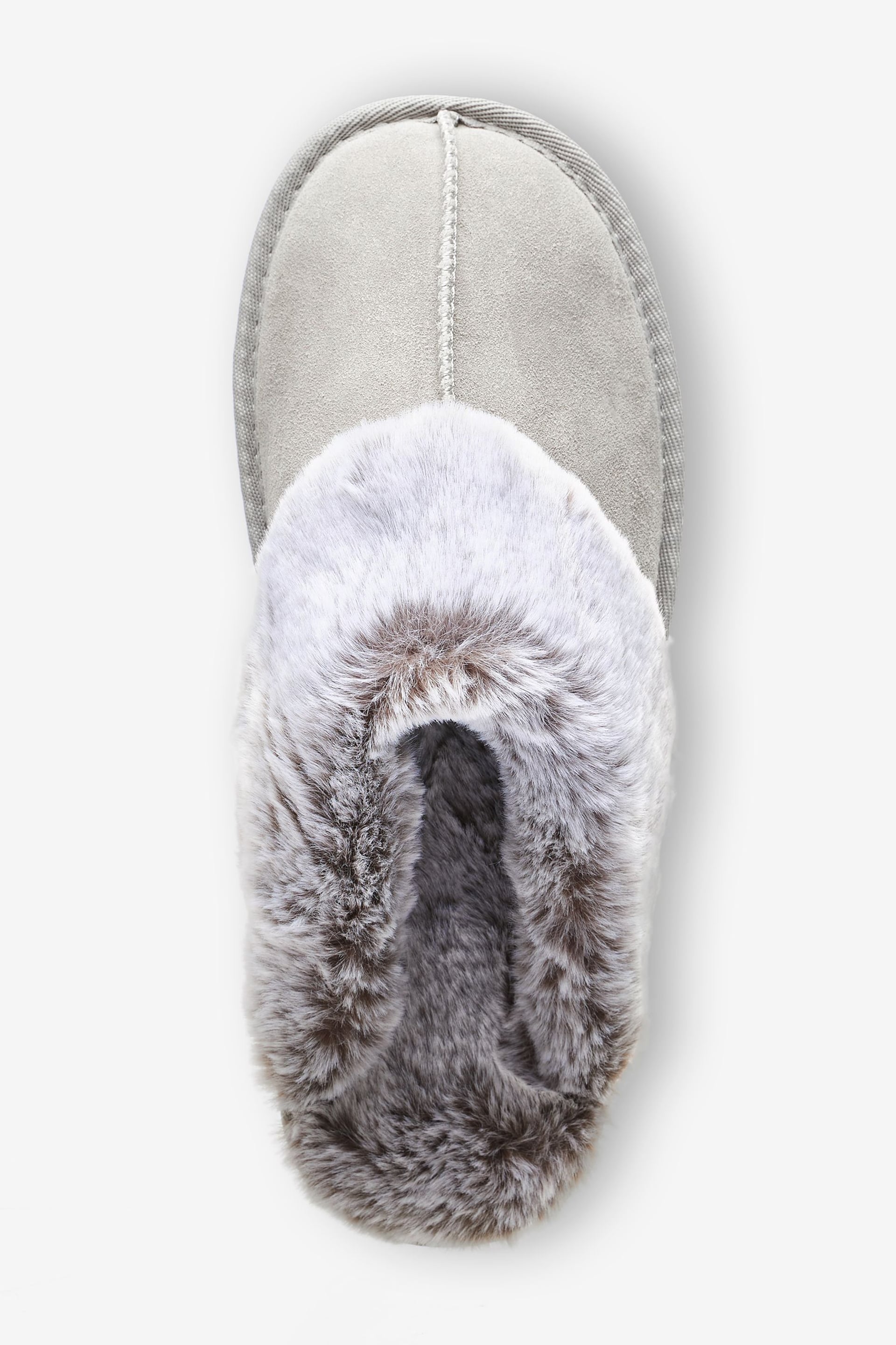 Pale Grey Suede Faux Fur Lined Mule Slippers - Image 4 of 5