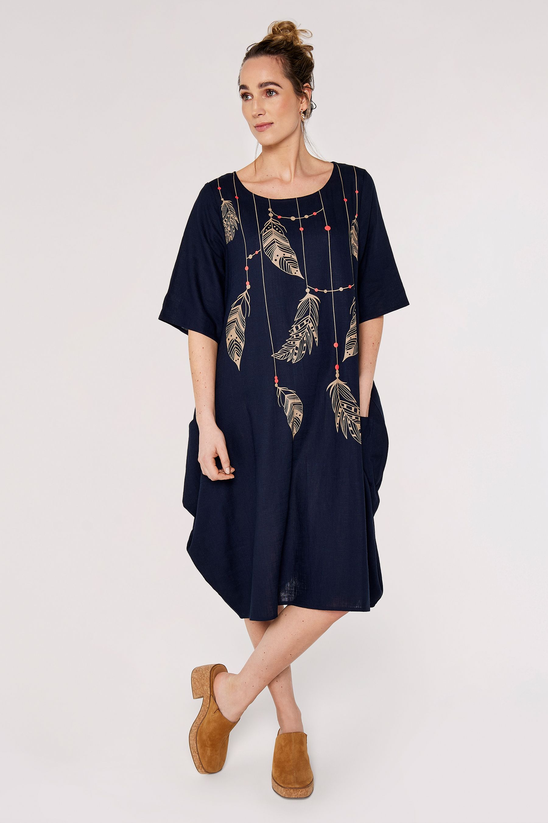 Buy Apricot Navy Blue Multi Feather Necklace Print Midi Dress from the Next UK online shop
