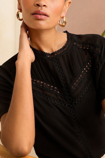 Love & Roses Black Lace Trim High Neck Jersey Blouse