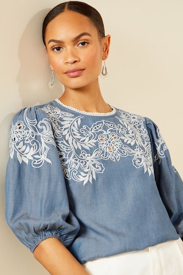 Love & Roses Blue Petite TENCEL™ Embroidery Puff Sleeve Blouse