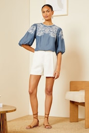 Love & Roses Blue Petite TENCEL™ Embroidery Puff Sleeve Blouse - Image 4 of 4