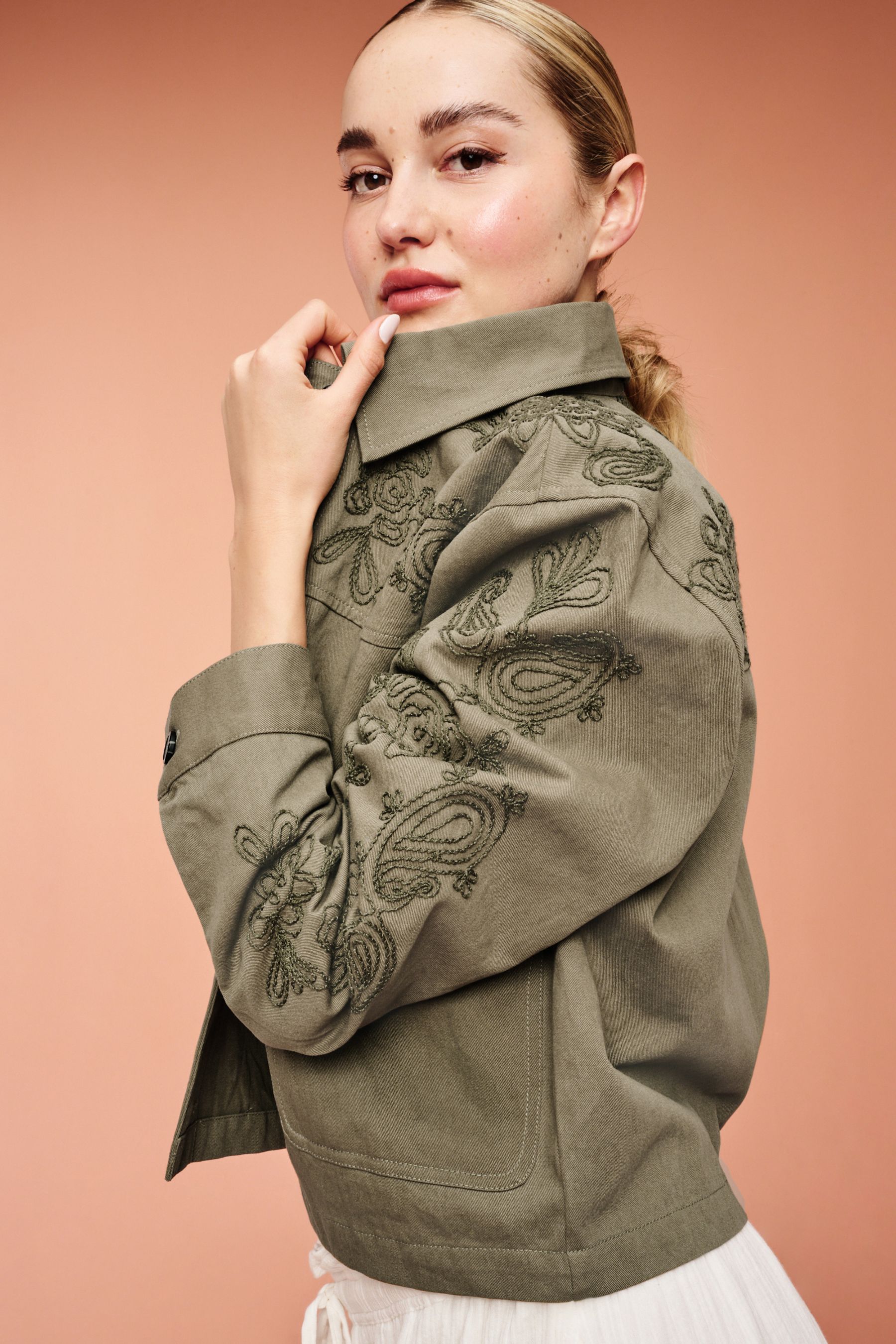 Buy Khaki Green Embroidered Cotton Jacket from Next Luxembourg