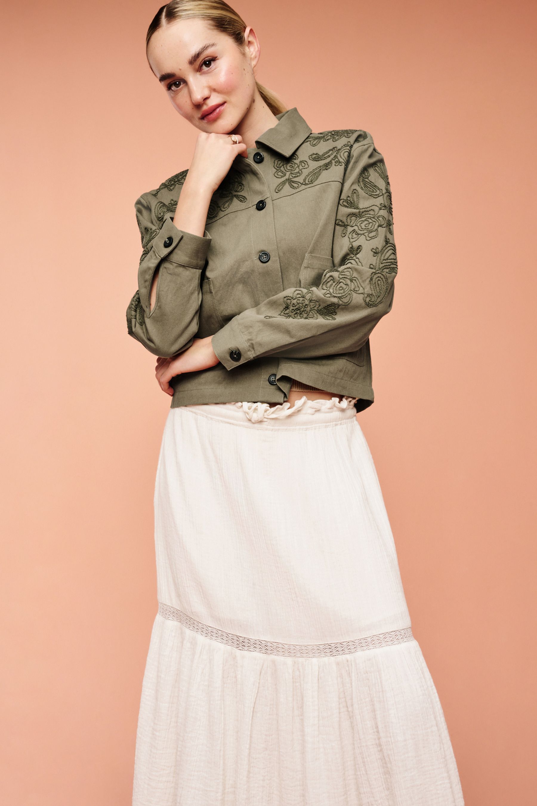 Buy Khaki Green Embroidered Cotton Jacket from Next Luxembourg