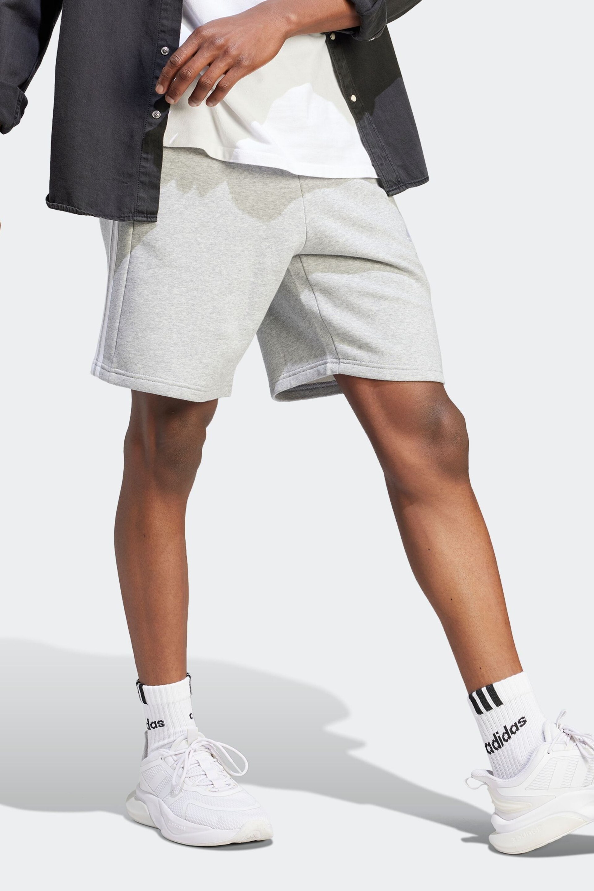 adidas Grey Sportswear Essentials Fleece 3 Stripes Shorts - Image 3 of 6