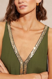 Love & Roses Khaki Green Sequin Trim V Neck Vest Top - Image 2 of 4