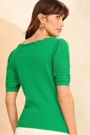 Love & Roses Bright Green Pointelle Scallop Neck Jumper - Image 3 of 4