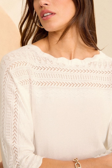 Love & Roses Batwing Pointelle Scallop Neck Knitted Top