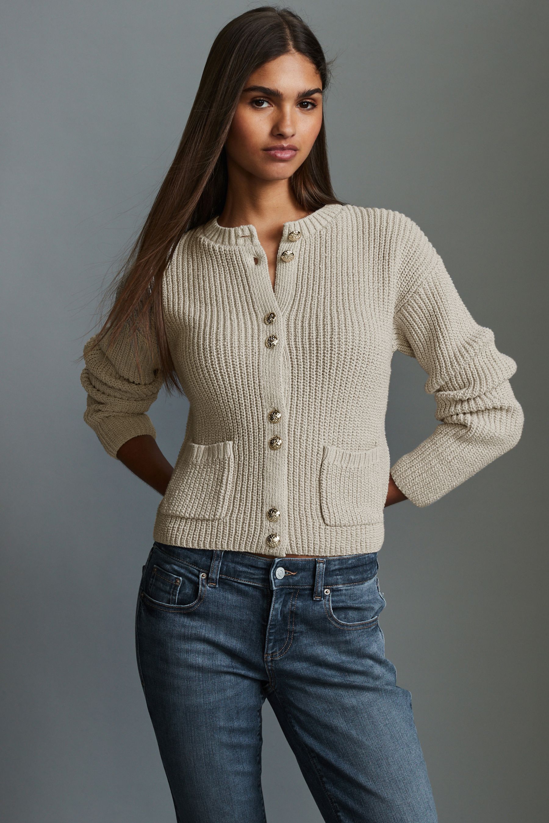 Buy Grey Gold Button Rib Cardigan from Next Luxembourg