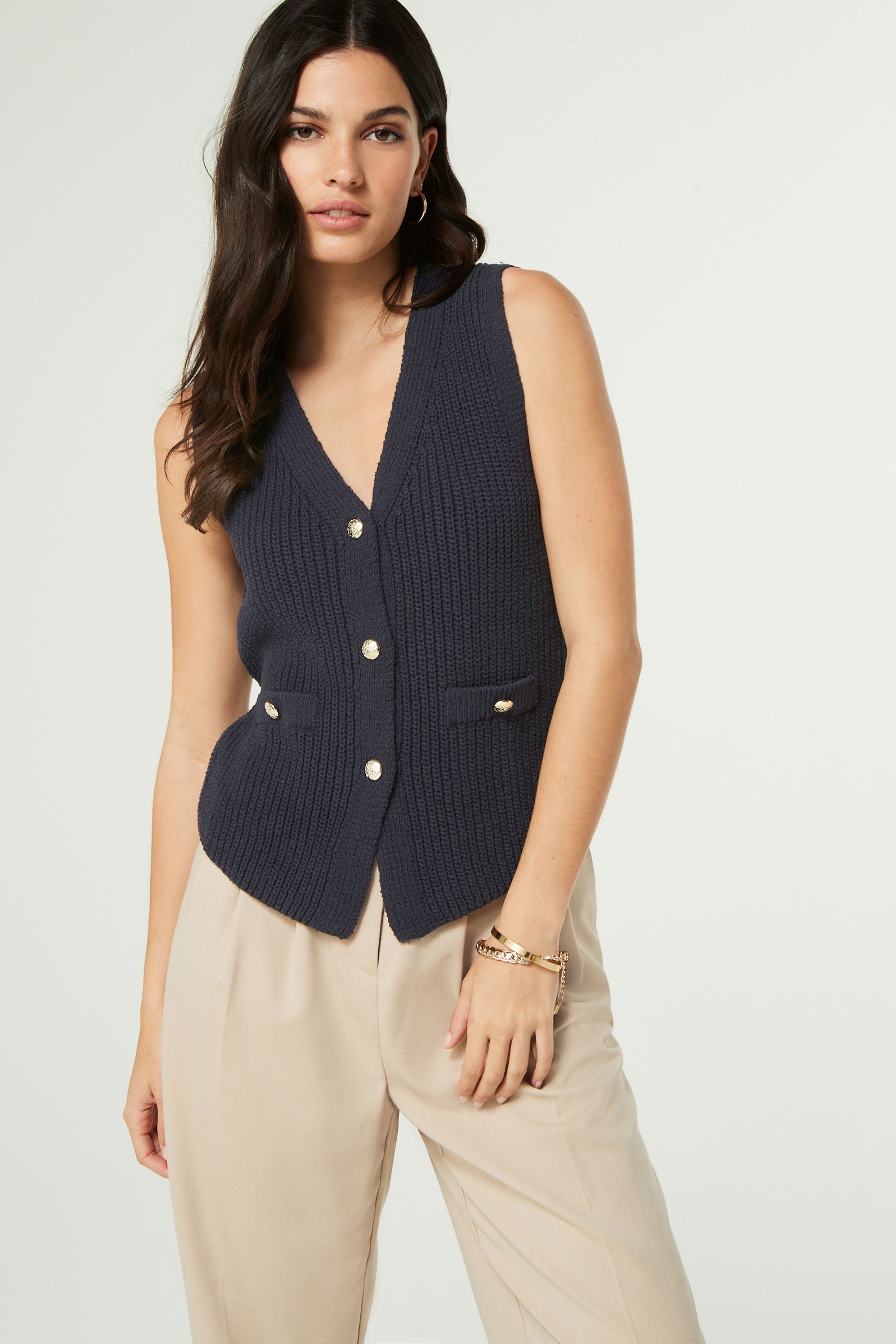 Navy Blue Gold Button Knitted Waistcoat