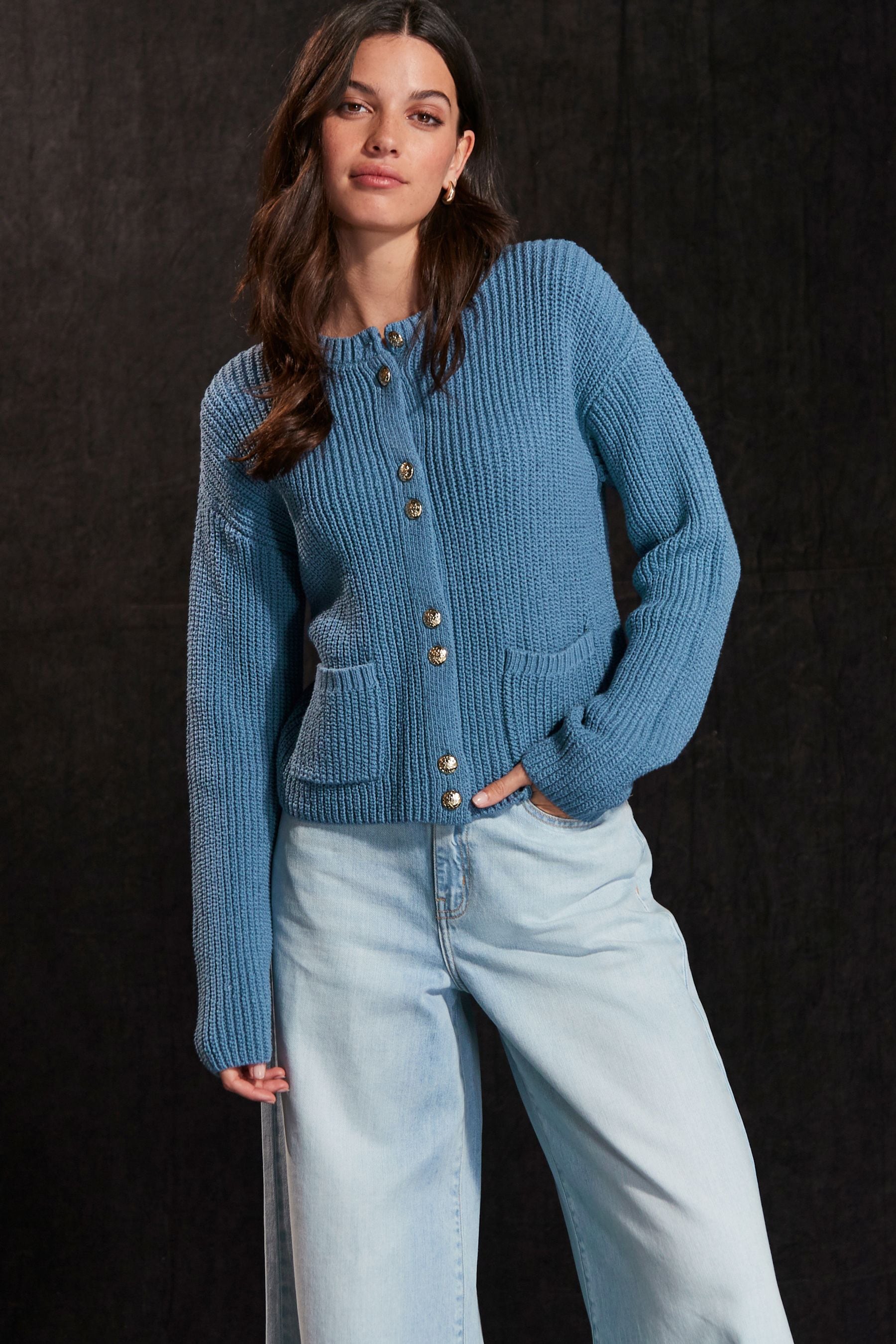 Blue and gold cardigan top