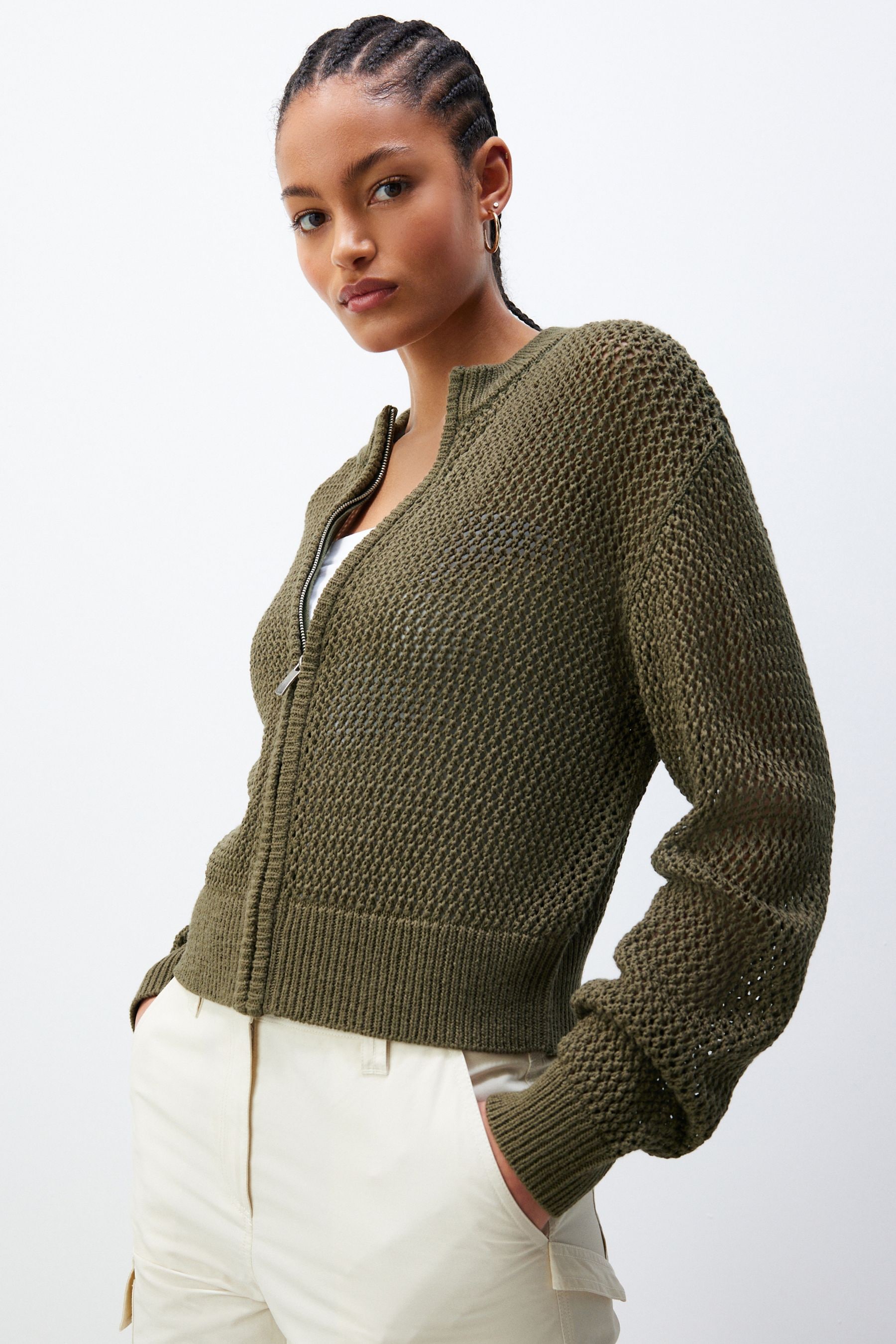 Buy Khaki Green Mesh Stitch Knitted Bomber Cardigan from Next Luxembourg