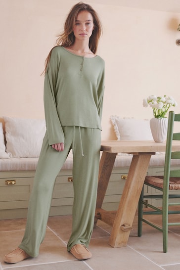 Sage Green Rib Long Sleeve Pyjamas