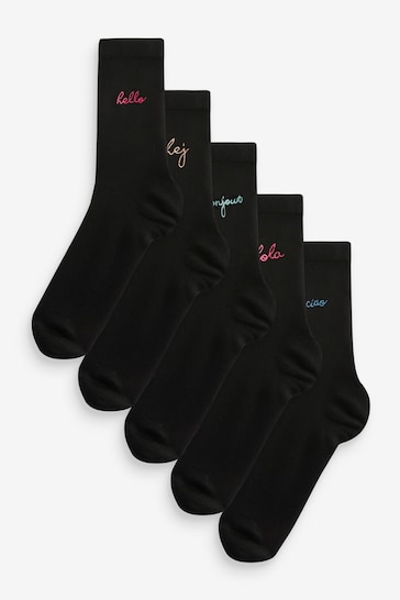 Hello Embroidered Motif Ankle Socks 5 Pack