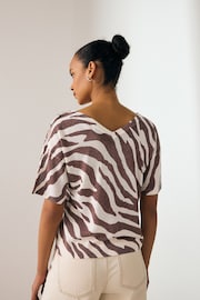 Brown and White Zebra Animal V-Neck Gem Button Linen T-Shirt - Image 3 of 7