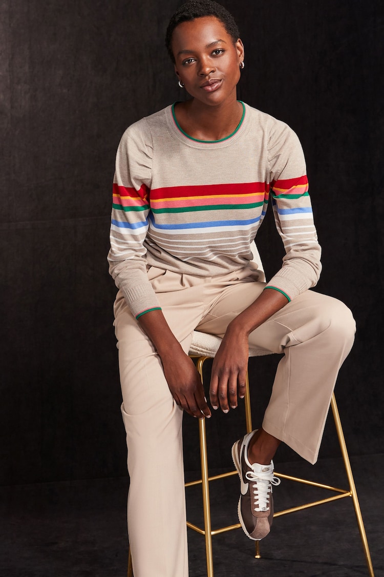 Neutral with Rainbow Stripe Crew Neck Long Sleeve Pattern Knitted Jumper - Image 2 of 6