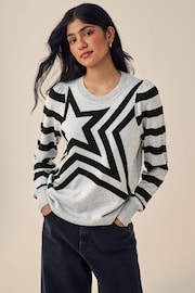 Grey/Black Star Crew Neck Long Sleeve Pattern Knitted Jumper - Image 3 of 6